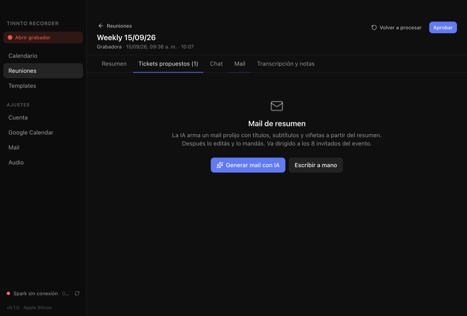 Pestaña Mail: generar el mail de resumen con IA o escribirlo a mano