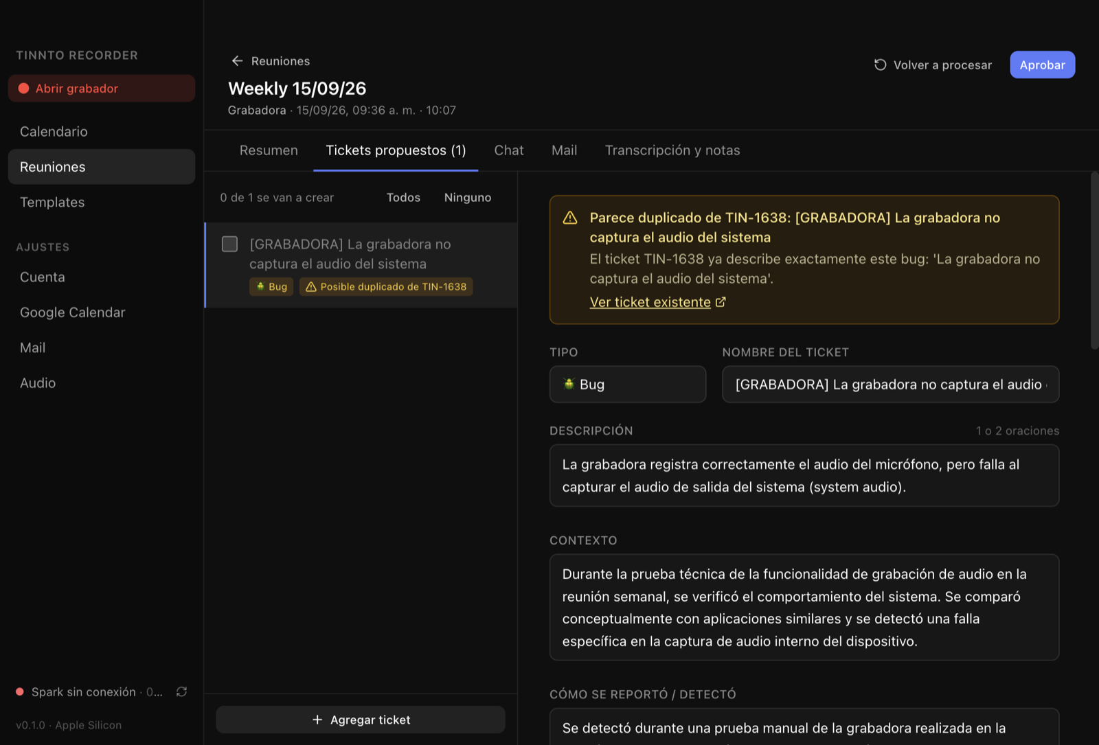 Tickets propuestos por la IA, con un aviso de posible duplicado